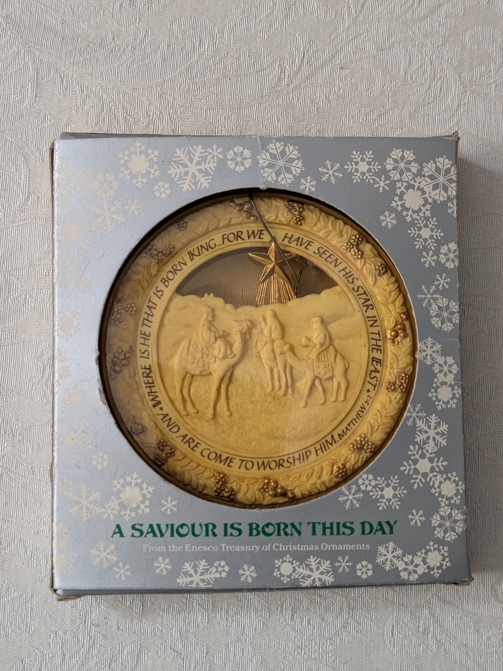 Resin Christmas ornament, Enesco 'A Saviour Is Born This Day' Nativity ornament
